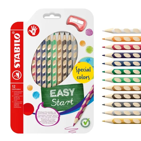 Stabilo Easycolors Pack de 12 Lápices de Colores Ergonómicos + Sacapuntas, Mina 4.2mm, Forma Triangular, Uso Diestro