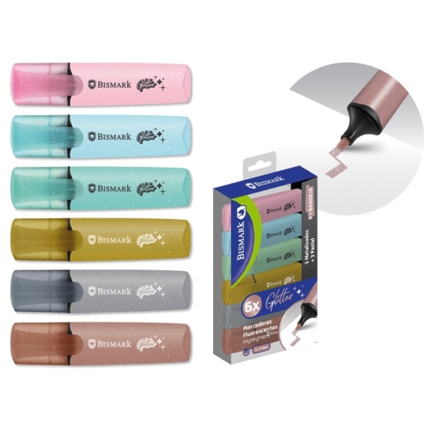 Bismark Pack De 6 Marcadores Fluorescentes Glitter - 3X Pastel Y 3X Metalizados - Tinta De Secado Rapido - Punta Biselada - Ideal Para Subrayar Y Resaltar - Diseño Ergonomico