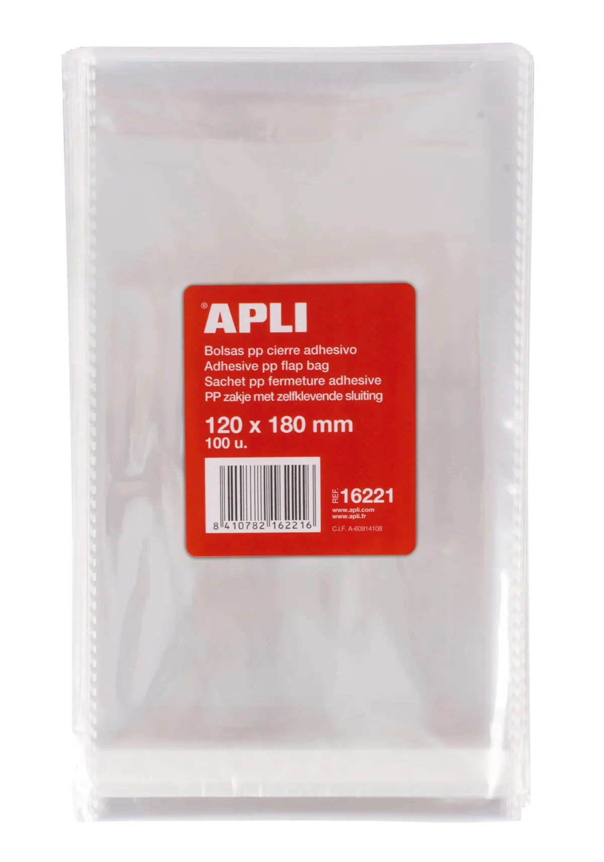 Apli Pack de 100 Bolsas de Polipropileno Transparente con Cierre Adhesivo 120 x 180mm