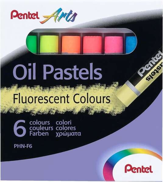 Pentel Oil Pastels Pack De 6 Pasteles Oleo Fluorescentes - Blandos, Cremosos Y De Secado Lento - Colores Fluorescentes Surtidos