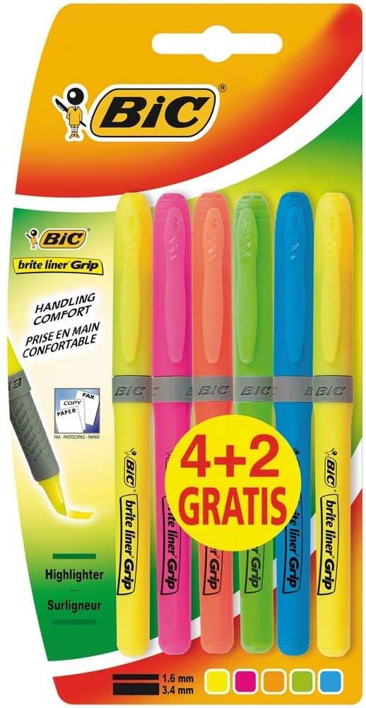 Bic Brit Liner Grip 4+2 Pack De 6 Marcadores Fluorescentes - Tinta Con Base De Agua - Punta Biselada - Trazo Entre 1.60 Y 3.30Mm - Colores Surtidos