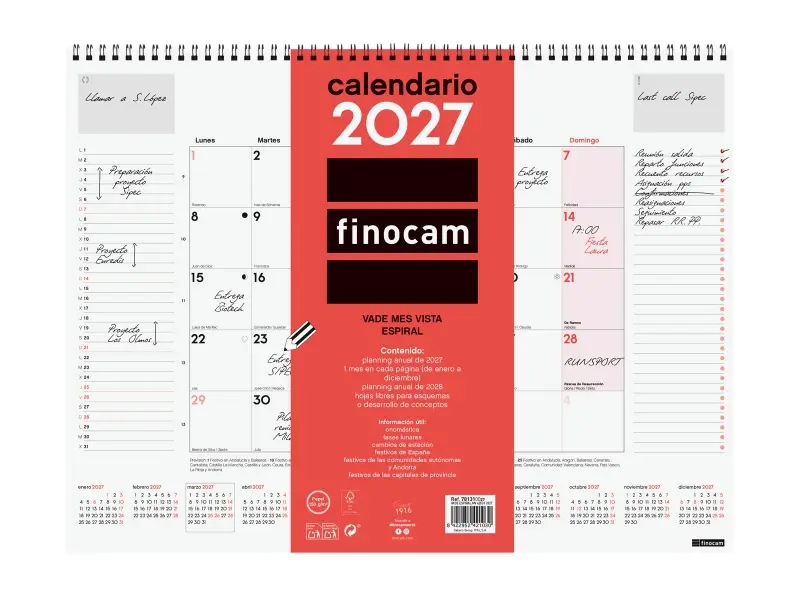 Finocam Calendario Anual 2027 Mes Vista 420x310mm Espiral Doble Rojo y Blanco