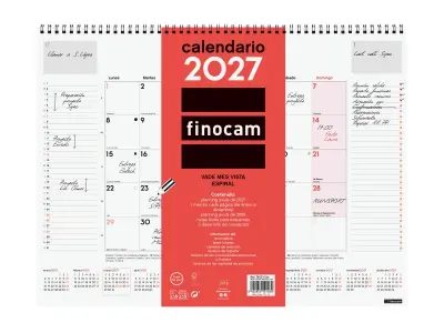 Finocam Calendario Anual 2027 Mes Vista 420x310mm Espiral Doble Rojo y Blanco