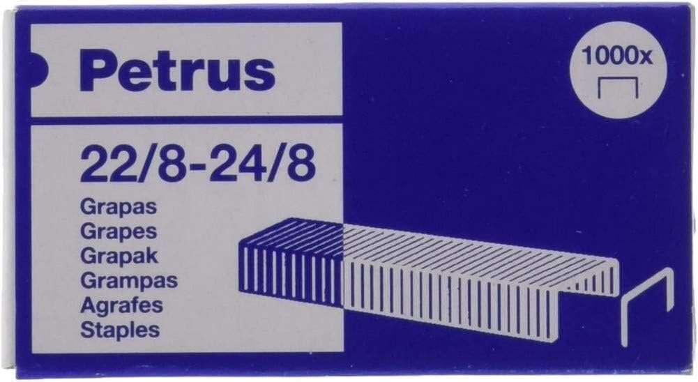 Petrus Caja De 1000 Grapas 22/8-24/8 Cobreadas - Hasta 40 Hojas - Patilla De 8Mm
