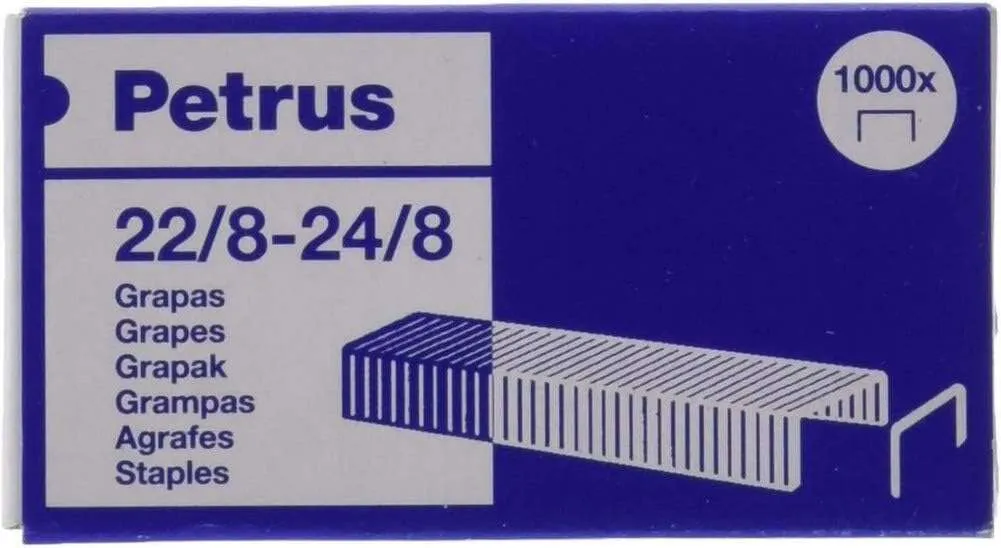 Petrus Caja De 1000 Grapas 22/8-24/8 Cobreadas - Hasta 40 Hojas - Patilla De 8Mm
