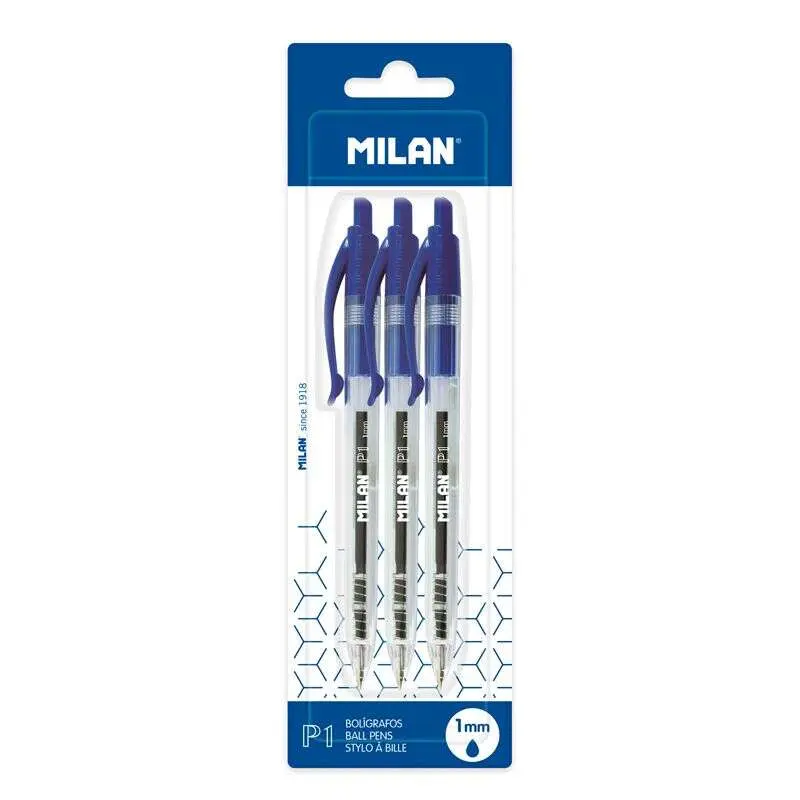 Milan P1 Pack de 3 Bolígrafos Retráctiles Punta Redonda 1mm Cuerpo Transparente Azul