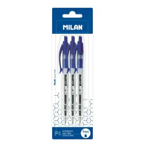 Milan P1 Pack de 3 Bolígrafos Retráctiles Punta Redonda 1mm Cuerpo Transparente Azul