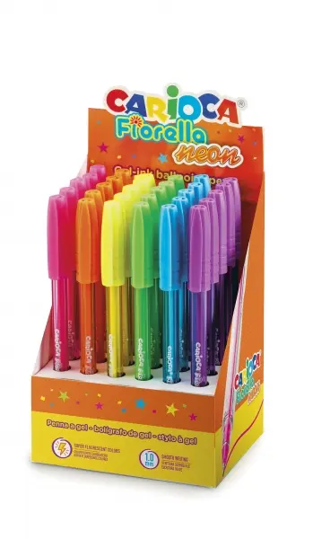Carioca Fiorella Expositor 30 Bolígrafos Neón Punta Esfera Cuerpo Transparente Fluo