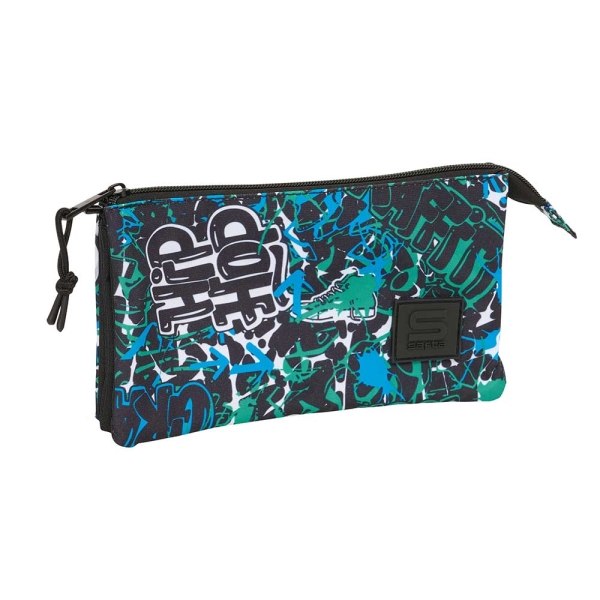 Safta Graffiti Go Portatodo - 3 Compartimentos Con Cremalleras - Bolsillo Interior - 0.60L - 220X30X120Mm - Color Azul Oscuro