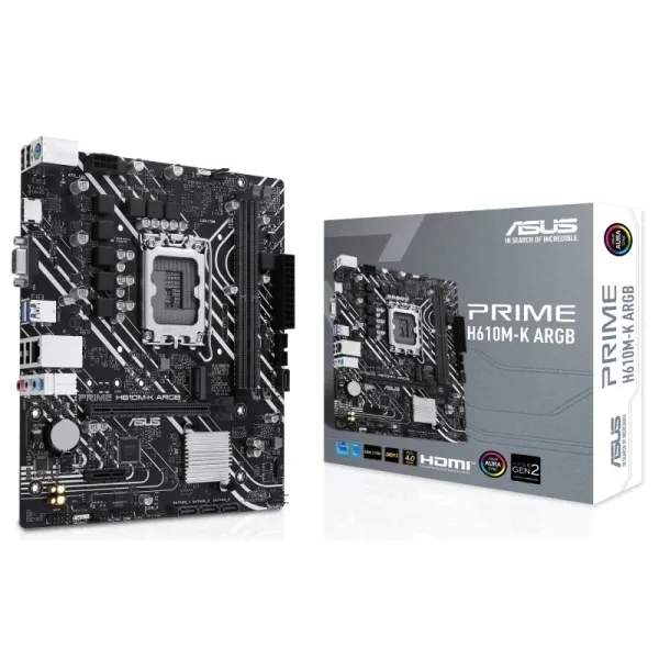 Asus Prime H610M-K Argb Placa Base Intel1700 2X Ddr5 - Hdmi, Vga, M.2, Pcie4.0, 4X Sata Iii, Rj-45, Usb 3.2, Microatx