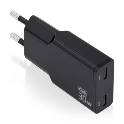Aisens Cargador GaN Ultra Delgado 30W - 2xUSB-C PD3.0 QC4.0 - Negro