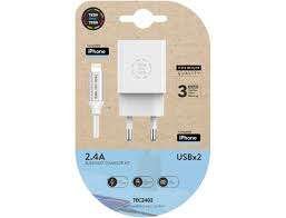 Techonetech Cargador Doble De Pared + Cable Usb-A A Lightning 1M - Recubierto De Nylon Trenzado