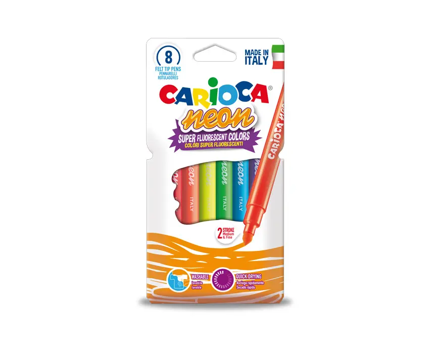 Carioca Neon Pack de 8 Rotuladores - Tinta Fluorescente - Perfecto para Colorear y Subrayar - Lavable de la Piel y Tejidos - Punta Conica para Doble Trazo - Color Varios