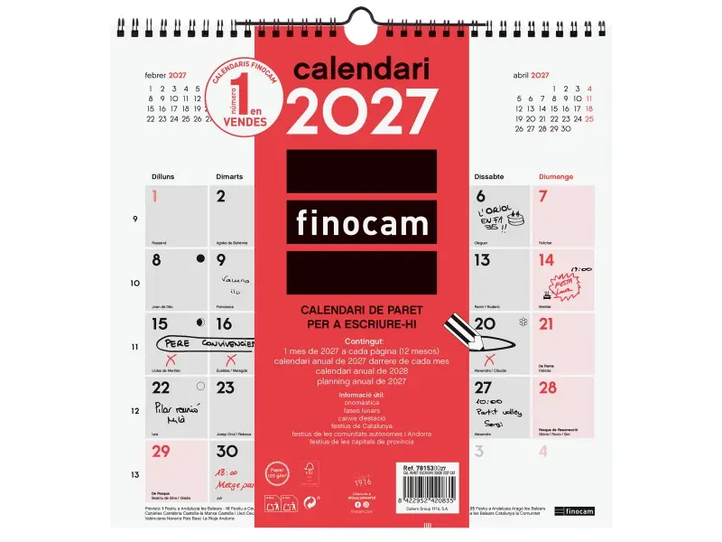 Finocam Calendario de Pared Neutro en Catalán Anual 2027 300x300mm Espiral Doble Rojo y Blanco