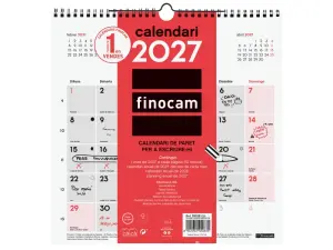 Finocam Calendario de Pared Neutro en Catalán Anual 2027 300x300mm Espiral Doble Rojo y Blanco