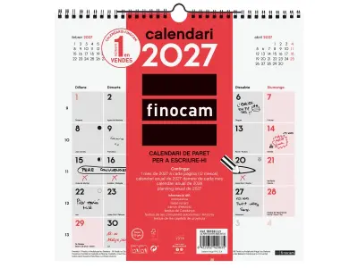 Finocam Calendario de Pared Neutro en Catalán Anual 2027 300x300mm Espiral Doble Rojo y Blanco