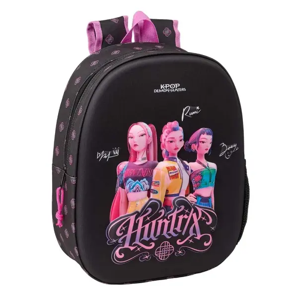 Safta Mochila 3D K-Pop Demon Hunters con Portabotellas y Hombreras Acolchadas, 27x33x10cm, Color Negro