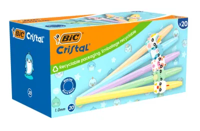 Bic Cristal Pastel Figurines Pack de 20 Bolígrafos de Bola - Punta 1mm, Tinta Azul