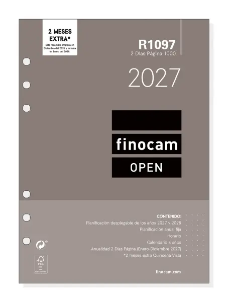 Finocam R1097 Recambio Agenda Open Anual 2027 2 Días por Página 155x215mm 80g/m2