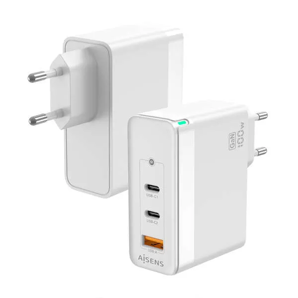 Aisens Cargador GAN 100W - 2xUSB-C PD3.0 QC4.0 QC5.0 - 1xUSB-A QC3.0 - Blanco