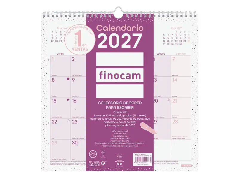 Finocam Chic Calendario de Pared Anual 2027 Mes Vista 300x300mm Color Morado