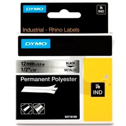 Dymo Rhino Cinta De Etiquetas Industrial Adhesiva Id1-12, Negro Sobre Plateado De 12Mmx5´5M, Poliester (S0718180)