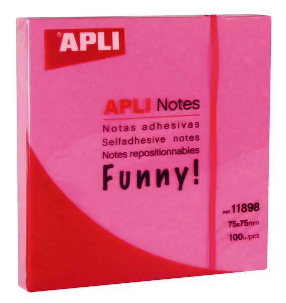 Apli Funny Bloc De 100 Notas Adhesivas 75X75Mm - Adhesivo De Calidad - Facil De Despegar - Color Rosa Fluor