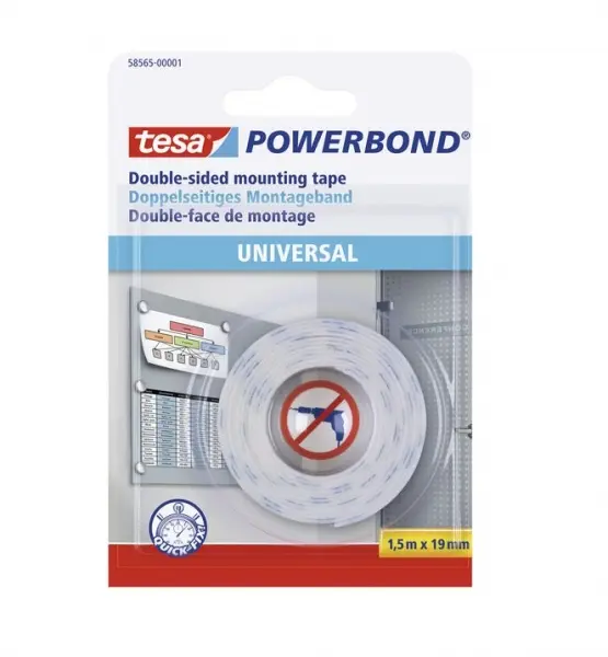 Tesa Powerbond Cinta Adhesiva Doble Cara 19mm x 1.5m Color Blanco para Fijación Rápida