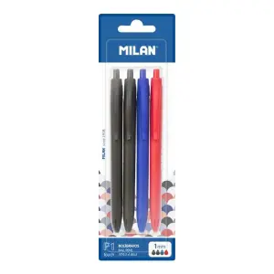 Milan P1 Touch Pack de 4 Bolígrafos Retráctiles 1mm Tinta Aceite Negro, Azul y Rojo