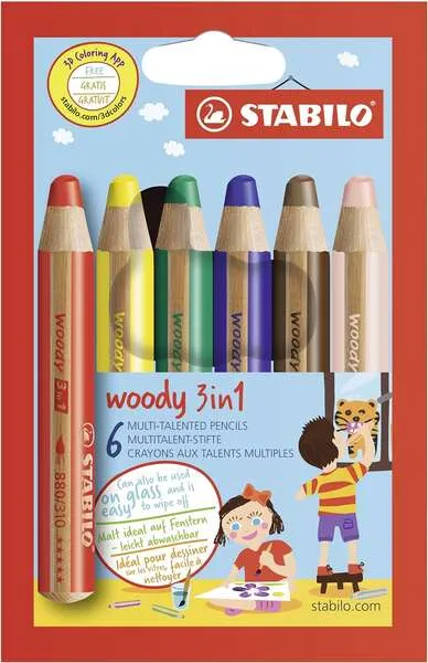 Stabilo Woody 3 en 1 Pack de 6 Lápices de Colores - Mina XXL 10mm, Colores Surtidos
