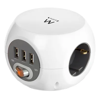 Ewent Regleta 6 Tomas Sobremesa 3x Schuko 16A 3x USB-A Interruptor On/Off 1.5m Cubo Blanco/Gris