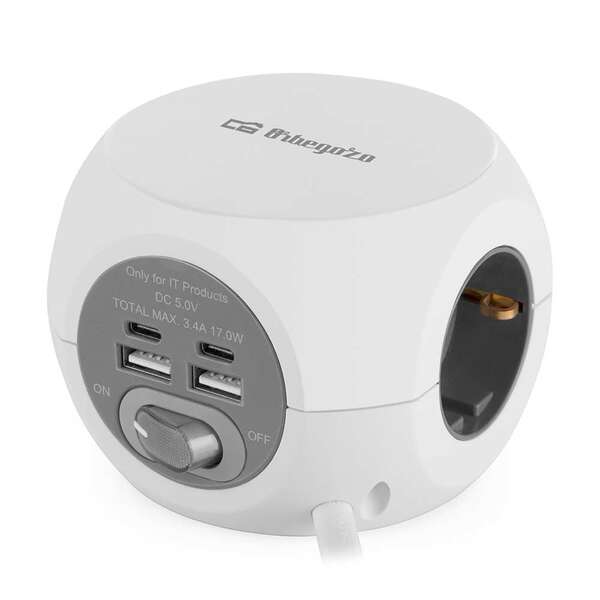 Orbegozo En 4000 - Enchufe 7 En 1 Con Tomas De Tierra Y Conexiones Usb-C - Compacto Y Seguro - Ideal Para Viajes - Cable De 1.5 Metros - Carga Multiples Dispositivos Simultaneamente