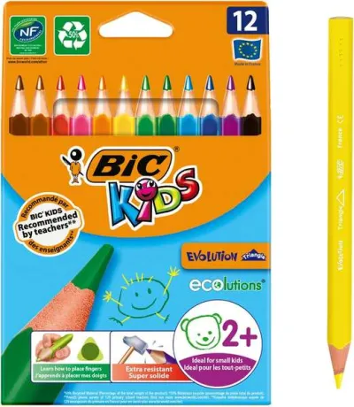 Bic Kids Evolution Triangle Pack de 12 Lápices de Colores Triangulares Ultraresistentes Sin Madera
