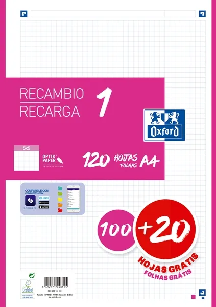 Oxford Recambio Classic 120 Hojas A4 Sueltas 90g 5x5mm 4 Taladros Fucsia
