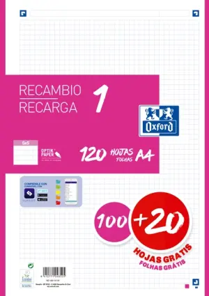 Oxford Recambio Classic 120 Hojas A4 Sueltas 90g 5x5mm 4 Taladros Fucsia