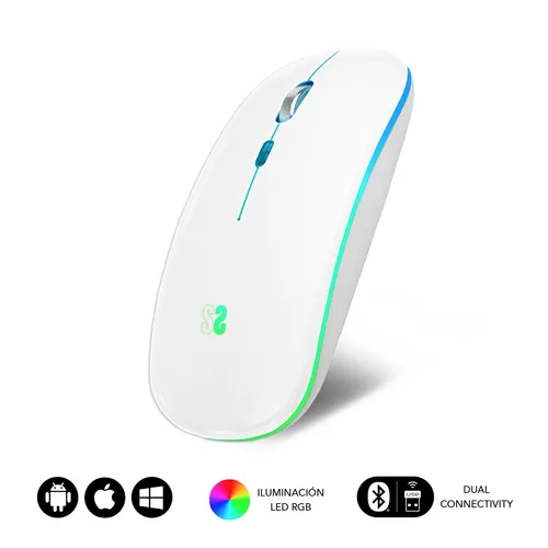 Subblim Ratón Led Dual Flat Mouse - Conexión Dual - Silent Click - Iluminación Led En 7 Colores - Batería De Larga Duración - Color Blanco