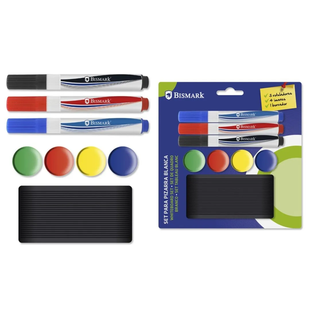 Bismark Pack de 3 Rotuladores para Pizarra, 4 Imanes y Borrador, Colores Surtidos
