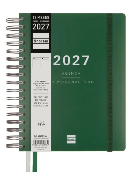 Finocam Tempus Agenda Anual 2027 1 Día Por Página 155x217mm Espiral Doble Verde