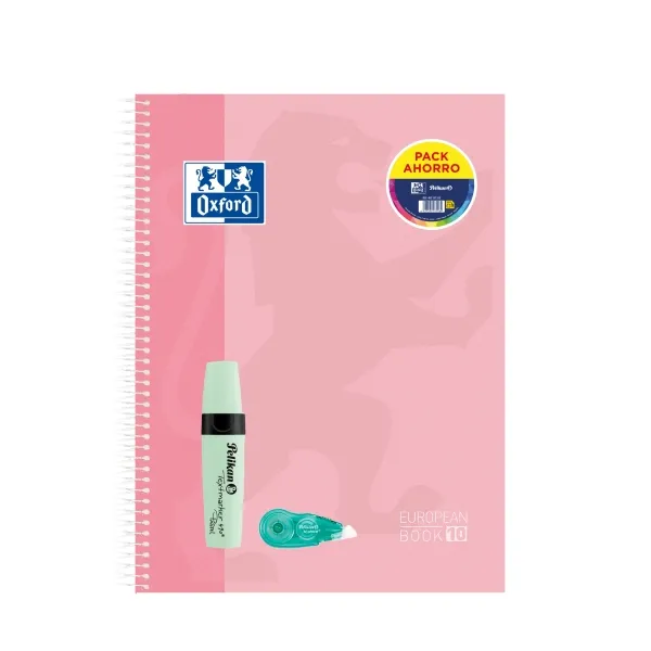 Oxford Pack Cuaderno Europeanbook 10 Touch 150H A4+ 5x5 Tapa Extradura + Textmarker 490 + Fancy Roller Surtido 4 Colores Pastel