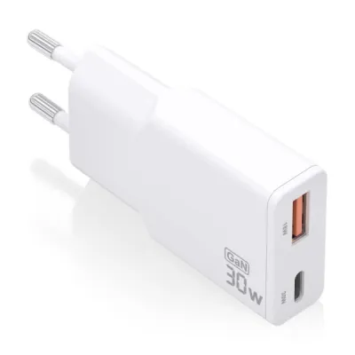 Aisens Cargador GaN Ultra Delgado 30W USB-C PD3.0 QC4.0 y USB-A QC3.0 Blanco