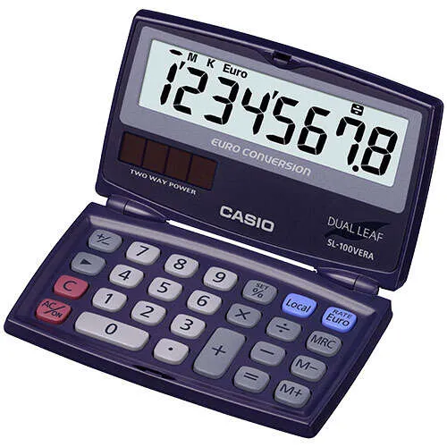 Casio Sl-100Vera Calculadora De Bolsillo Tipo Concha - Pantalla Lc Extragrande De 8 Digitos - Funcion Conversor De Euros - Color Azul Oscuro