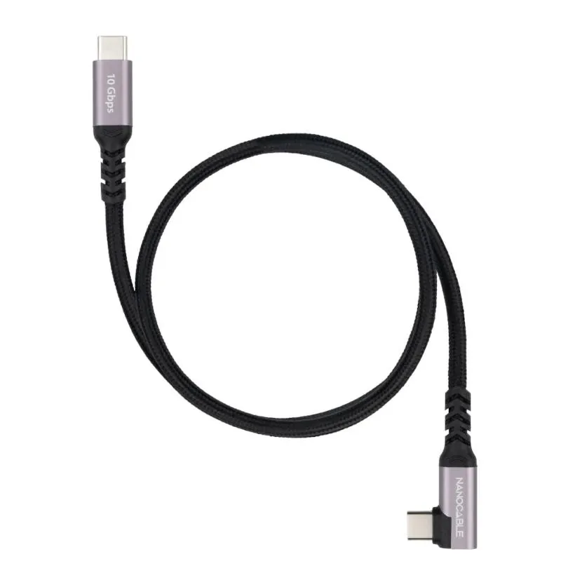 Nanocable Cable USB-C Macho Acodado 90º 0.5m 100W 10Gbps 4K Algodón Trenzado Negro