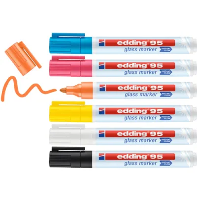 Edding 95 Pack De 6 Rotuladores Para Cristal - Punta Redonda - Trazo 1.5-3Mm - Colores Blanco, Amarillo, Negro, Naranja, Rosa Y Azul