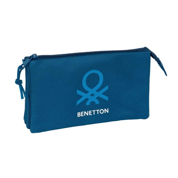 Safta Benetton Basics Marino Portatodo - 3 Compartimentos Con Cremalleras - Bolsillo Interior - 0.6L - 220X30X120Mm - Color Azul Oscuro