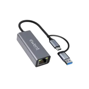 Ewent Adaptador USB-C y USB-A a Ethernet Gigabit 10/100/1000 Mbps - 15 cm - Gris