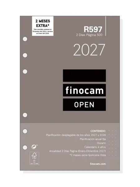 Finocam R597 Recambio Agenda Open Anual 2027 2 Días por Página 117x181mm 6 Taladros
