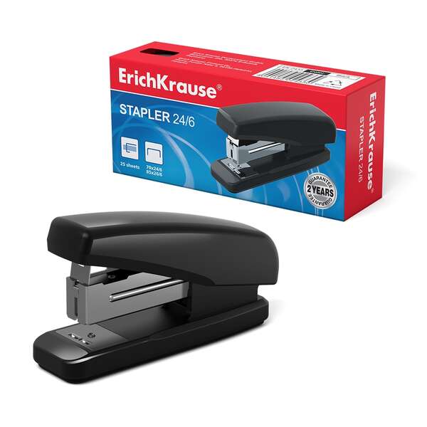 Erichkrause Classic Minigrapadora - Grapa Hasta 25 Hojas - Para Grapas 24/6, 26/6 - Plastico Resistente A Golpes - Mecanismo De Acero - Color Negro