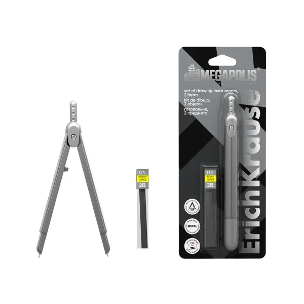 ErichKrause Compás Escolar 130mm con 10 Minas de Repuesto 2B, Color Plata