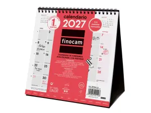 Finocam Calendario de Sobremesa Anual 2027 Mes Vista 190x190mm Espiral Doble Rojo y Blanco