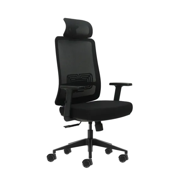 Oqonos Cherg 016 Silla De Oficina Ergonomica Con Reposacabezas Cervical Ajustable, Tejido Impermeable, Mecanismo Autobalanceado, Soporte Lumbar Ajustable, Reposabrazos Ajustables En Altura Y Ruedas De Silicona - Negro